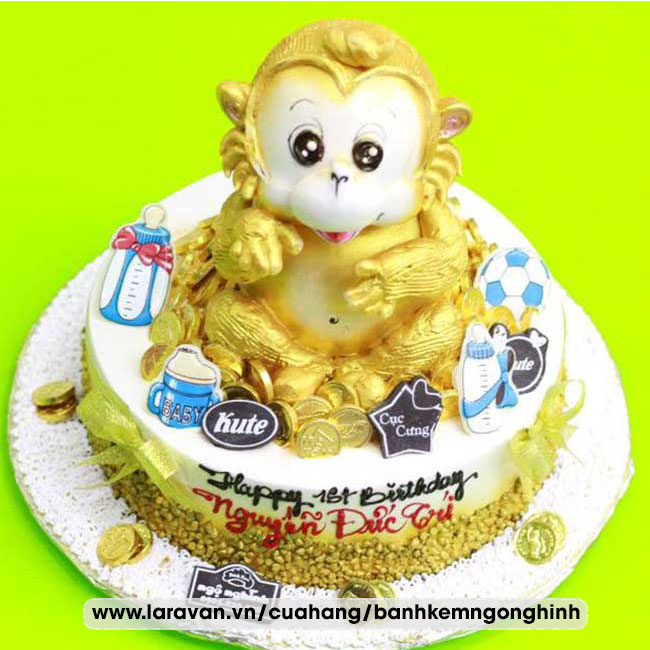 Bánh sinh nhật hình Khỉ con, Hổ, Ngựa vằn & Voi mừng thôi nôi 1 tuổi cho bé tuổi  Thân | Bánh kem cao cấp