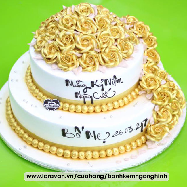 Bánh gato mừng kỷ niệm ngày cưới 2 tầng tạo hình 3d hoa hồng mạ vàng | Bánh  Kem Ngộ Nghĩnh