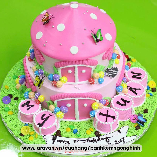 Bánh kem sinh nhật tạo hình 3d lâu đài 2 tầng màu hồng dễ thương