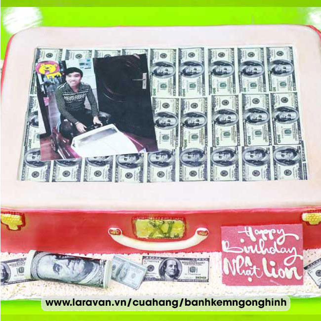 Bánh kem sinh nhật tạo hình vali tiền đôla